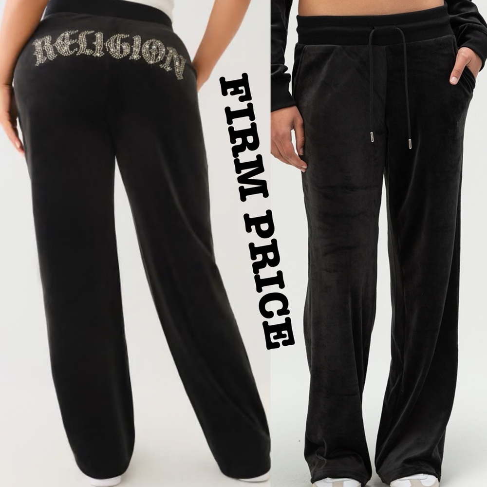 TRUE RELIGION Velour Wide Leg Pants w Crystal Logo